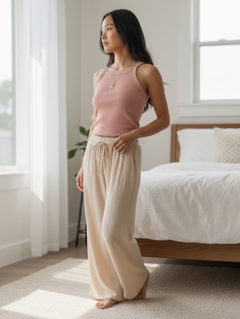 Made in Italy Crinkle Viscose Wide Leg Pants Women’s S/M Cream Boho Resort